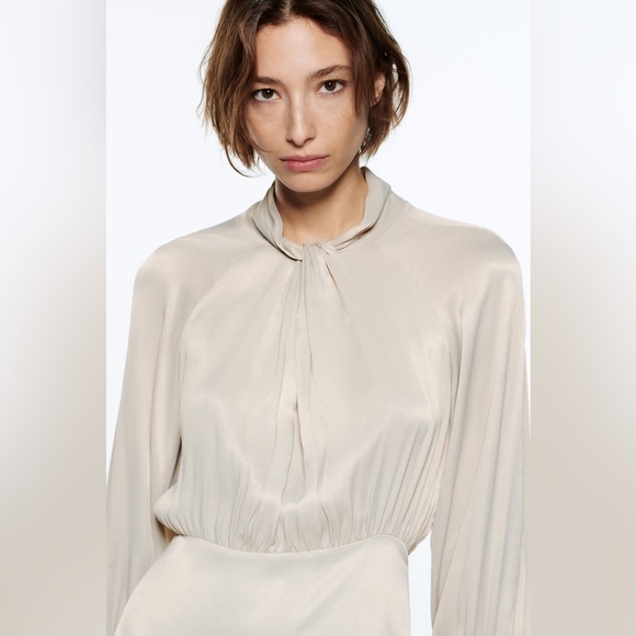 NWT ZARA Silky Satin Knotted Cream Long Sleeve Dress Formal Minimalist Modern - Picture 6 of 14